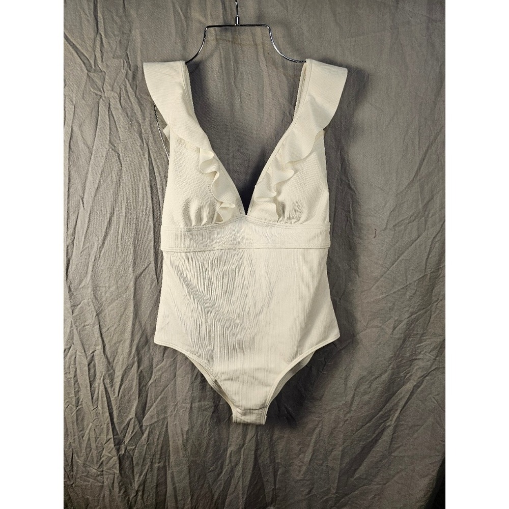 White Ribbed Ruffle V-Neck Lace Up One Piece Swimsuit Womens XL